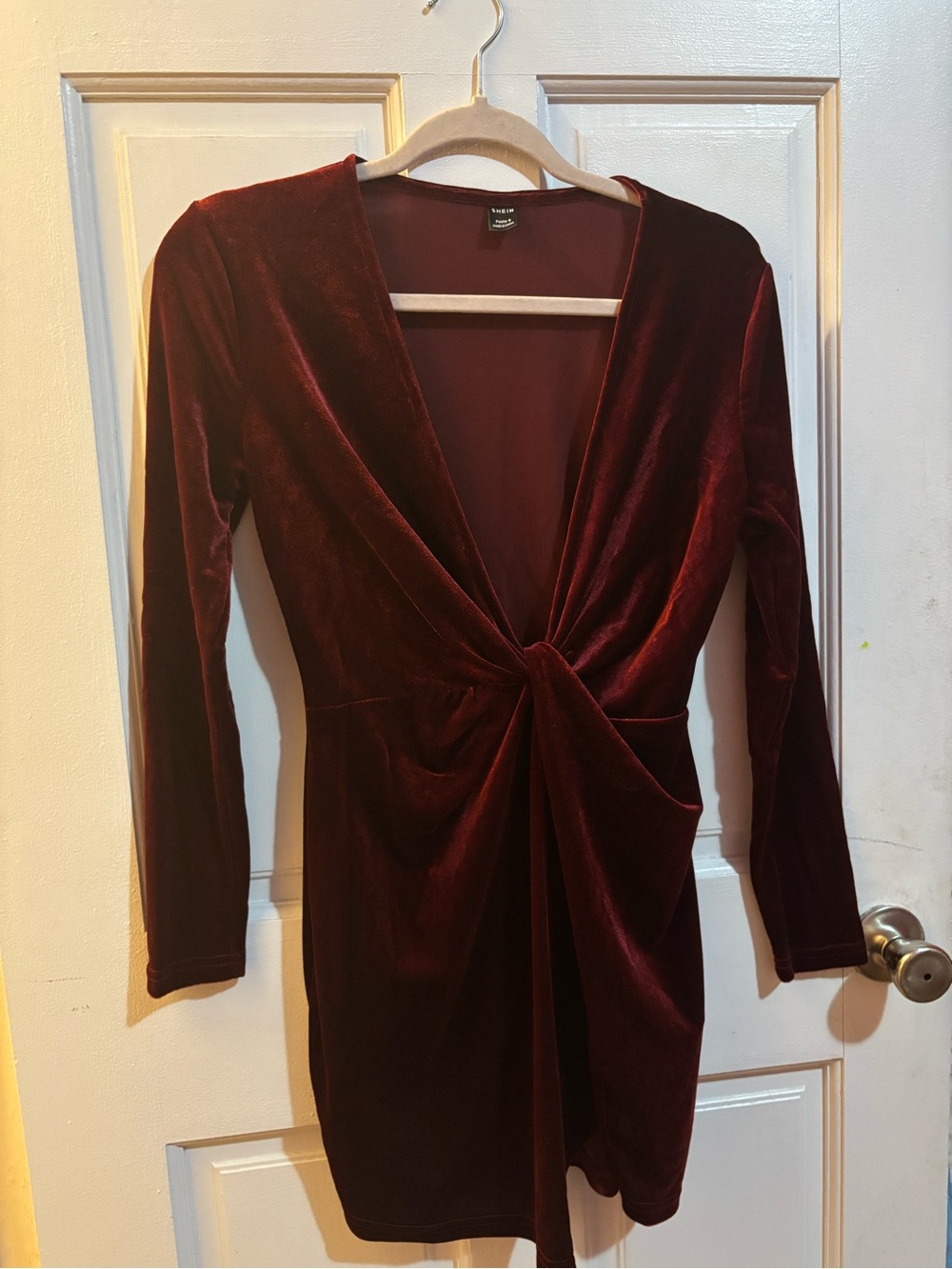 SHEIN Petite Velvet Long-Sleeve Mini Dress - Burgundy